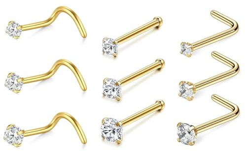 CPJJ 9PCS Hypoallergenic 316L Surgical Stainless Steel Nose Studs Sets for Women Men,L Shape/Corkscrew/Straight Nose Studs Real Body Piercing Jewelry（GOLD）