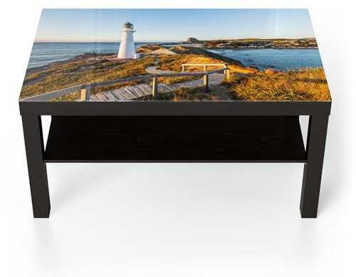 DEQORI Glastisch | schwarz groß 90x50 cm | Motiv Leuchtturm Idylle | ausgefallener Beistelltisch aus Glas | Hochglanz Couchtisch fürs Wohnzimmer | moderner Couch Tisch mit Design
