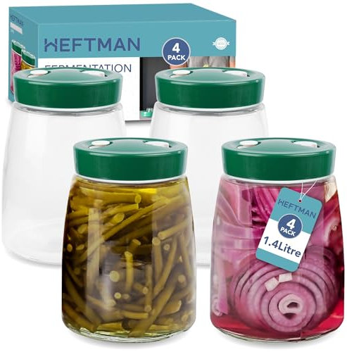 HEFTMAN Fermenting Jar with 1 Way Air Release Vent - 1.4 litres, 4 Pack - Ideal for Safe Fermentation for Kefir, Kimchi, Sauerkraut, Sourdough Starter, Overnight Oats - Fermentation Jars x 4 (Green)