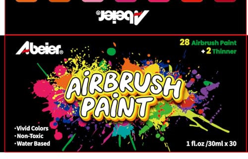 ABEIER Airbrush Farbe, 28 Farben mit 2 Dünneren Airbrush Farben auf Wasserbasis, 30 ml/Flasche, Bereit zum Sprühen von Acryl Air Brush Farben set für Metall, Kunststoffmodelle, Leinwand, Holz