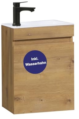 Kometmöbel badrumsmöbler set med handfat 40 cm monterat litet handfat med underskåp (Ek 40cm, Med svart kran)