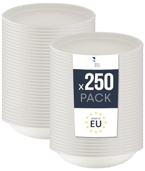 BenBow Bol Desechable de Bagazo 400ml Unidades x 250, Cuencos Desechables, Platos para Sopa, Biodegradable, Resistente al Calor hasta 95°C, Ideal para Catering, Con Tapa