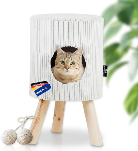 Rohrschneider Katzenhöhle Cord, waschbar, Ø 32 x 55 cm beige | Katzenbett & Katzenhaus, waschbares Kissen, stabile Füßen aus Holz, bis zu 60kg belastbar, Rückzugsort
