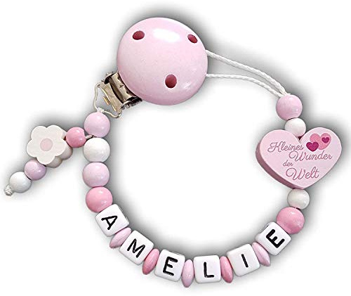 Schnulliniband mit Namen verschiedene Modelle | Mädchen Namenskette (Kwdw Herz mit Blümchen)