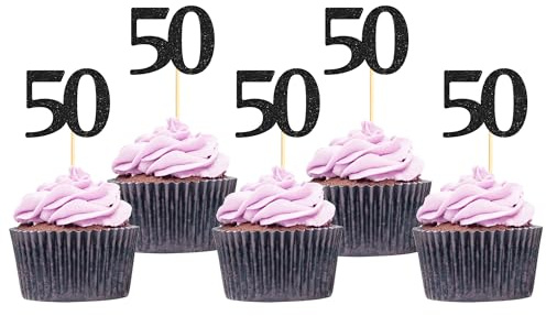 Sotpot 50th Cupcake Toppers Black Glitter 30 Pack 50 Birthday Cake Decorations for 50th Birthday Wedding Anniversary Party Supplies
