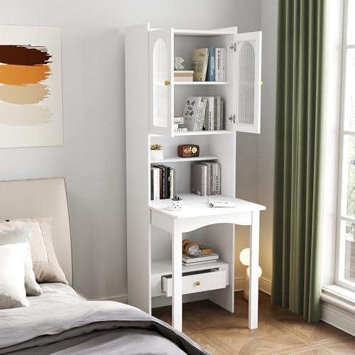 Sedgeria Convertible Desk Wood Folding Desk with Storage Shelves, Fold Out Writing Desk with Bookcase for Small Space Study Room, White