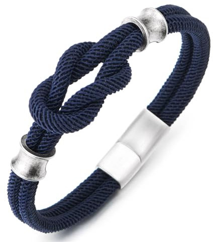 COOLSTEELANDBEYOND Bracelet Nœud Marin pour Homme, Cordon Tressé Bleu Marine avec Détails en Acier Inoxydable, Style Nautique