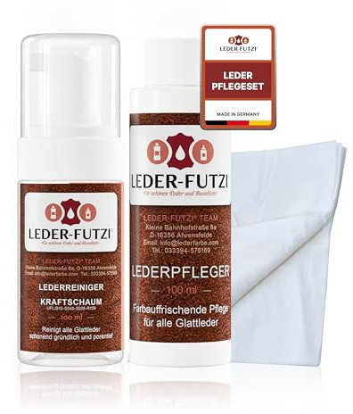 Leder-Futzi® Lederpflege Set 100ml – Inklusive Lederreiniger Kraftschaum & Lederpfleger mit 2 Lappen – Tiefenwirksame Reinigung - Made in Germany
