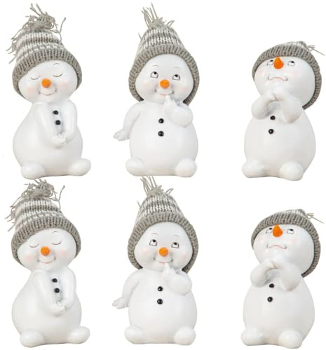 Geschenkestadl 6er Set Schneemann Figuren – ca. 12 x 8 cm – Lustige Winterdeko 3-Fach Sortiert – Handbemalte Weihnachtsfiguren für Fensterbank, Tisch & Deko-Ideen