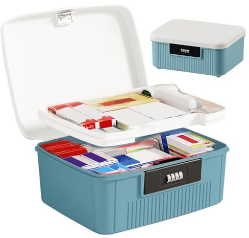 Tatqilo 2 Layer Lockable Medicine Storage Box, 26X22X12cm Medicine Box with Combination Lock, 9l Medicine Organizer Box with Removable Tray, Medication Storage Container for Home,School,Office(blue)