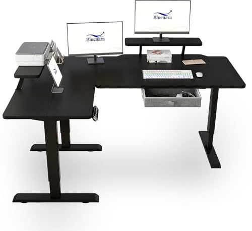 Bluenara – höj- och sänkbart skrivbord elektriskt med LED-display och bildskärmstativ, 160 cm L-format ståbord – höjdjusterbart bord för hemmakontor, svart