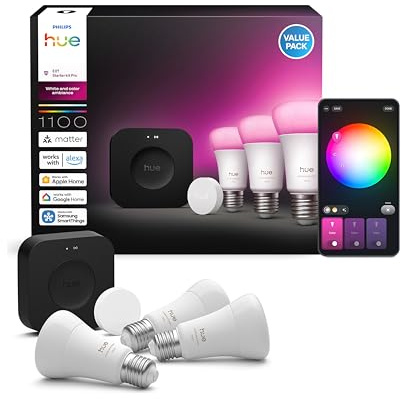 Philips Hue Kit de démarrage : Bridge Pro + Smart Button + 3 Ampoule connectée A60 E27, White and Color Ambiance, Éclairage connecté compatible Apple Home, Alexa, Google Assistant, Samsung SmartThings