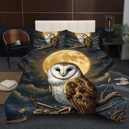 Fotmung Piumino Matrimoniale 240x260 Gufo Giallo, Trapunta in Morbido Microfibra per Bambino, Set di Biancheria da Letto Matrimoniale con 1 Piumone e 2 Federe