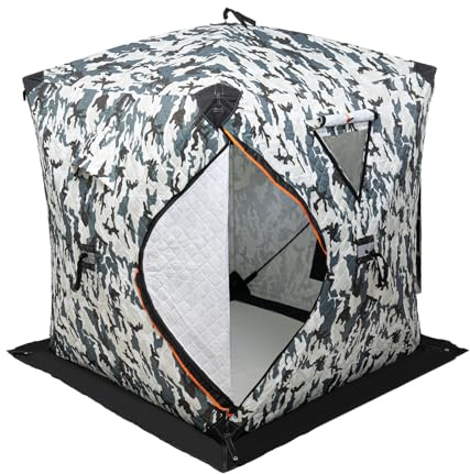 Tragbares Eisfischerzelt 210D Oxford Zelt mit Fiberglasgestänge, reflektierender Streifen, Eisankern, 2 Fenster & d‑förmiger winddichtes thermisches Camouflage-Zelt für 1-2 Personen