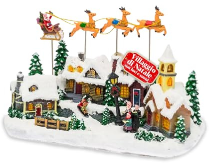 Avilia Frostvale - Pueblo navideño Animado con Trineo en Movimiento, Luces LED cálidas y música navideña, decoración Pintada a Mano con Cable USB y Detalles realistas para el hogar o Regalo Festivo