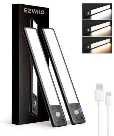 EZVALO Under Cabinet Kitchen Lights, 3 Color Dimmable 62 LED Motion Sensor Lights Indoor, 1600mAh Rechargeable LED Lights for Cupboard, Kitchen (Black, 2 Pack)