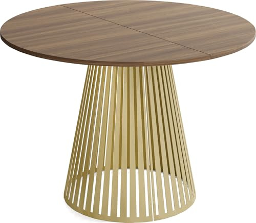 WFL GROUP Table à Manger Ronde Extensible Style Loft – 100 à 180 Cm – Design Industriel avec Pieds en Métal Doré, Gain De Place pour Salon Ou Salle à Manger – Marron Noyer