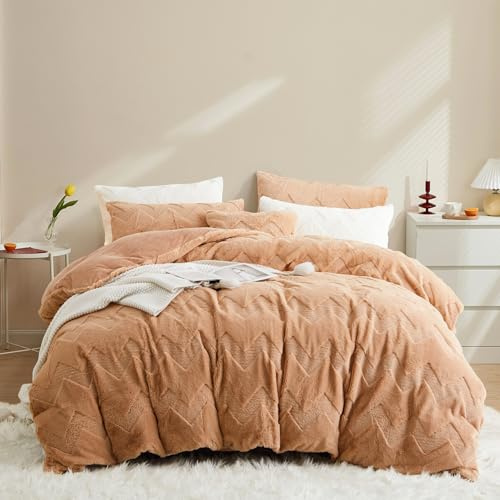 Covebett Plüsch Bettwäsche 135x200 Khaki Winter Warm Shaggy Cashmere Touch Flauschig Winterbettwäsche Wellenmuster Biber Felloptik Luxus Wende Bettbezug Reißverschluss und Kissenbezug 80x80 cm