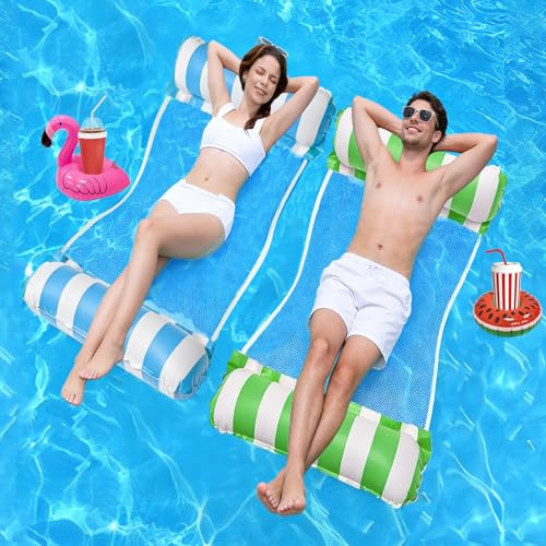 2 Pack Pool Inflatables for Adults, 4-in-1 Inflatable Pool Floats | with 2 Inflatable Drink Holders, Water Hammock for Swimming Pools, Portable Swimming Pool Hammock Lounger
