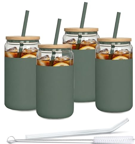 AquaFloow dricksglas med sugrör och lock 500 ml | Glas med silikonhölje | Dricksglas set inklusive 2 sugrör och 1 rengöringspinne | för te, smoothie, kaffe – 4 stycken – grönt