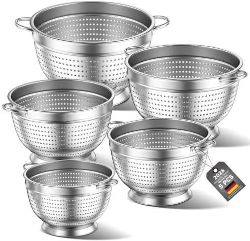 Sieb 5er-Set Seiher Sieb Edelstahl Küchensieb Nudelsieb, 20/24/26/28/30cm Metall-Küchensieb mit Griff – feinmaschiges Sieb zum Waschen von Nudeln, Gemüse, Obst und Reis (5)