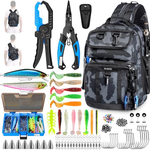 PLUSINNO Fishing Backpack with Fishing Gear, Tackle Box, Fish Accessories & Tools, Waterproof Sling Tackle Bag with Rod Holders, Lures for Freshwater/Saltwater, Fishing Gifts for Men, Black Camouflage