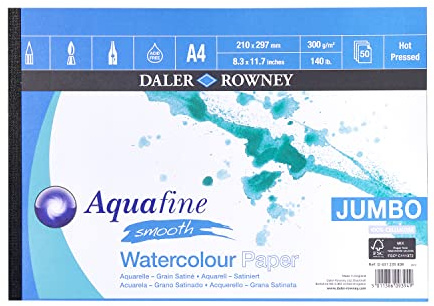 Daler-Rowney Aquafine Smooth Hot Pressed 300gsm Watercolour & Gouache A4 Paper Pad, Glued 1 Side, Natural White, 50 Sheets, For Professional & Beginner Artists & Students, Acid-Free