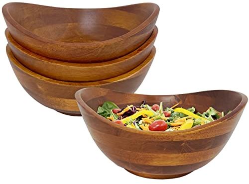 Woodard & Charles Set of 4 Individual Wood Serving Bowls for Salad, Fruit, Snacks, Nuts Candy and More, 7 x 6 1/2 x 3.