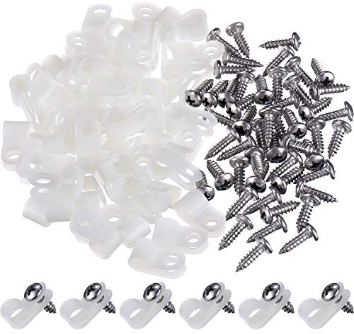 Hicarer 50 Pack R-Type Cable Clip Wire Clamp, Nylon Screw Mounting Cord Fastener Clips with 50 Pack Screws for Wire Management (White,1/4 Inch)