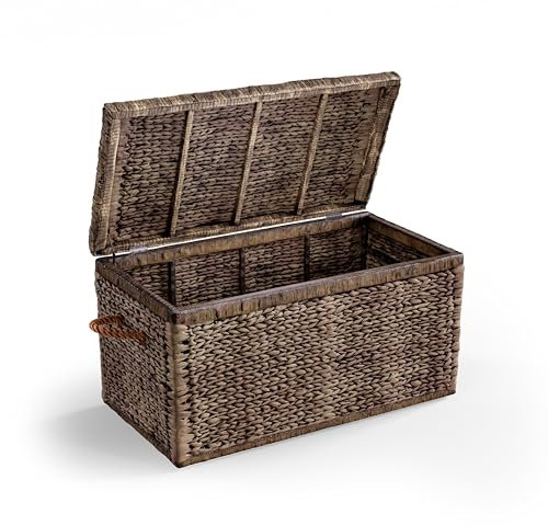 ClickDecor Baule portaoggetti in stile rustico, extra large (83,8 cm), in vimini intrecciato, con struttura in metallo, 2 manici, coperchio ribaltabile e cerniere di sicurezza, materiale ecologico