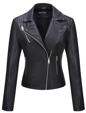 BELLIVERA Donna Giacca in pelle PU con tasche con zip Primavera Autunno Abbigliamento Corto Moto Biker Cappotto 53 Nero M