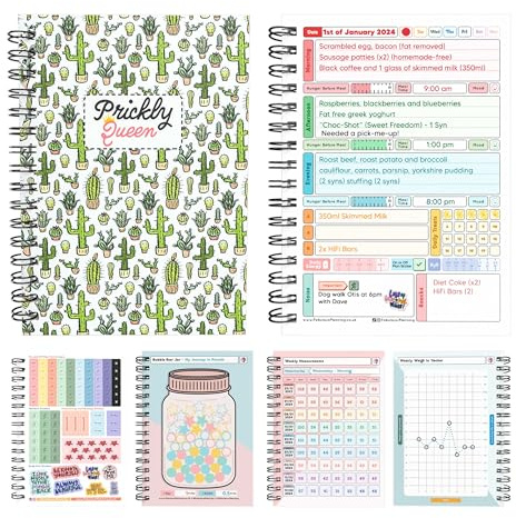 Slimming World Kompatibel matdagbok nyår 2021 diet journal planerare 7 veckors nedräkningskort med klistermärken kaktus Prickly Queen