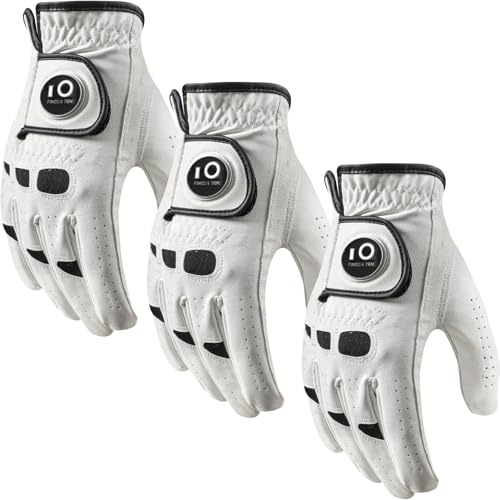 FINGER TEN Gants De Golf Homme Main Droite Gauche Cuir avec Marqueur de Balle Mode Lot de 3, Gant De Golf Hommes Blanc Sports Respirants Cadeaux Golf (Blanc, S, Droite)