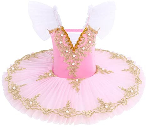 Kinder Ballett Tutu Rock Ballerina Kostüm Mädchen Tanzkostüm mit Tüll Gymnastik Tanz Trikot Kleid Latin Jazz Dance Kostüm Kinder Spitze Bestickte Tutu Rock Dancewear Rosa 5-6 Jahre