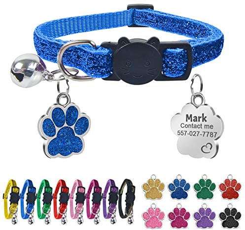 Uiopa Katzenhalsband mit Namen, Katzenhalsband mit Sicherheitsverschluss und Glöckchen, Halsband Katze Personalisiert, Enthalten Prickelnde Hundemarke mit Gravur (Blau)