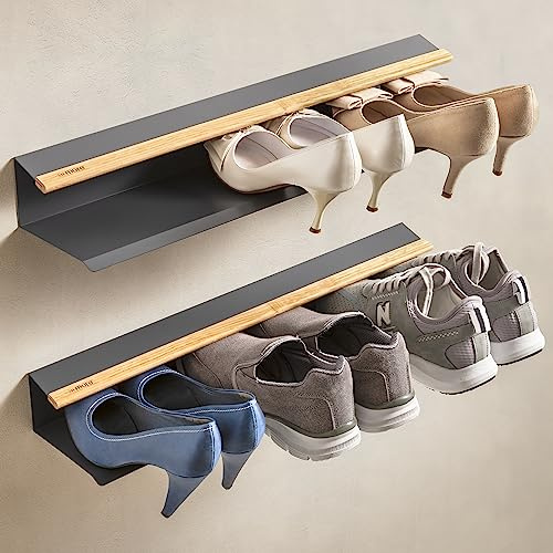Armore Schuhregal modern, platzsparend, schlank, zum Aufhängen an der Wand, Eingang, Metall, Holz mit 1 Ablagefläche für bis zu 3 Paar Schuhe, robust, schmales offenes Regal (Schiefergrau x 2)