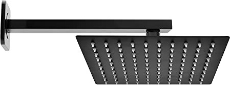 Soffione doccia con braccio a parete nero opaco, acciaio INOX, anticalcare (20x20 cm, Quadrato)