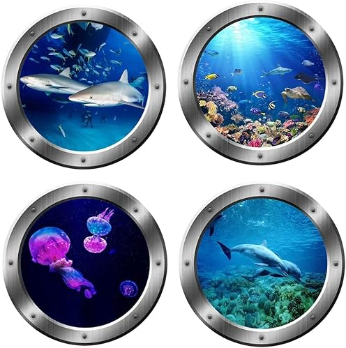 Wandtattoo Wandaufkleber, 4 Stück 3D Wandtattoo Unterwasserwelt, Hai Meeresschildkröten Delfine Qualle Wandtattoo Kinderzimmer, Meerestiere Sticker für Schlafzimmer Wohnzimmer Bad Wanddeko