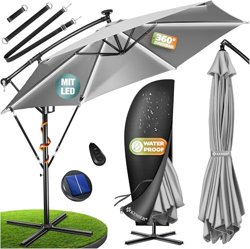 KESSER® Sonnenschirm Solar Ø 300 cm/Ø 350 cm mit LED Beleuchtung, Ampelschirm mit Kurbel, Garten, Sonnenschutz, Gestell & Ständer aus Alu, UV-Schutz, wasserdicht + Windfest, 360° Funktion + Hülle