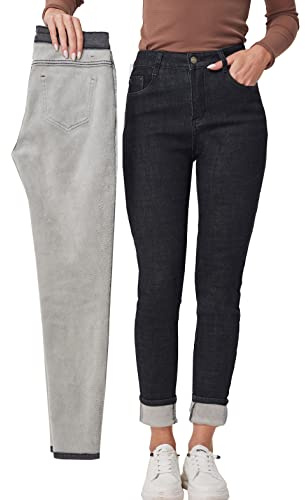 Fakanhui Jeans termici invernali foderati in pile da donna indossano Jeggings Denim Skinny Pantaloni Leggings, Chiusura lampo Black08, M