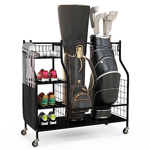 GOPLUS Golfväskearrangör, golfförvaring med låsbara hjul för 2 golfväskor och 8 golfklubbor, förvaringshylla med 1 korg, 3 hyllor och 4 krokar för golfutrustning och tillbehör