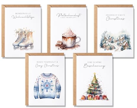 5 Weihnachtskarten Aquarell, 5er Set Grußkarten Weihnachten, Klappkarten mit Umschlägen, Weihnachtspost Water Color, Christmas Cards