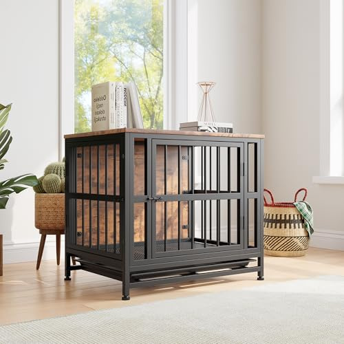 BORPHOM 27.56 Wooden Dog Crate Furniture,Dog Kennel Indoor,Heavy Duty Metal Dog Cage,Dog House with 2 Doors Removable Tray,Side End Table,Chew-Resistant,Rustic Brown