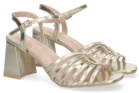 shoes&blues.es Sandalia de Tacon para Mujer, Comodas, con Adorno en la Pala, Cierre de Hebilla, Ideal para Eventos.