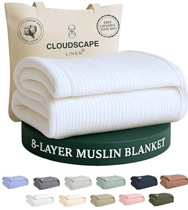 CLOUDSCAPE 8 Layer Muslin Blanket for Adults, 100% Cotton Gauze Layering Summer Blanket King Size, 92x108 Fits Upto Cal King Bed - Heavy Weight, Breathable, All Season Soft Bedding - White