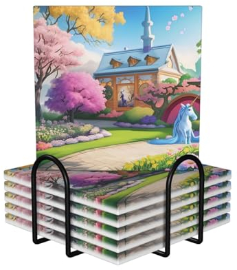 Square Ceramic Cork Coasters 6 Pieces Unicorn Fairy Tale Prints : Non-Slip Cork Bottom Fits All Coffee Cups Glasses and Mugs ​