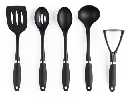Russell Hobbs RH03026EU7 5-Piece Utensil Set – Venus Collection, Masher, Slotted Turner, Slotted Spoon, Solid Spoon, Ladle, Hanging Hooks, Soft Touch Handles, Easy Clean, Nylon Kitchen Utensils, Black