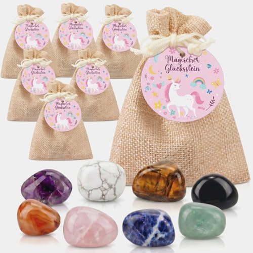 Otuuz Pietre Portafortuna per Bambini con Sacchetti di Iuta e Etichette Rotonde di Carta Portafortuna Colorate Pietre Magiche Regali per Capodanno Bomboniere(12,Unicorno)