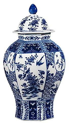 Jingdezhen Vase en céramique chinoise en porcelaine bleue et blanche avec couvercle pour la décoration de la maison, 1 temple en verre avec motif floral et oiseau