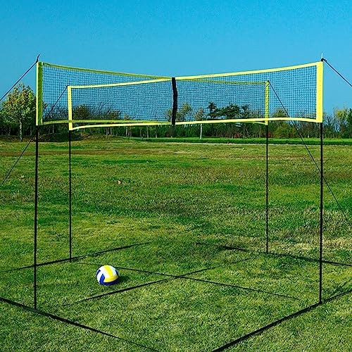Viereckiges Volleyballnetz, tragbares Kreuzvolleyballnetz für Vier Spieler, höhenverstellbar, Seilnetz aus PE-Material, für Garten, Strand, einfach aufzubauendes Volleyballnetz im Freien